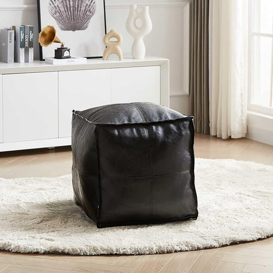 Louis Donné 17.7" Black Square Unstuffed Pouf Ottoman Cover Footstool Handmade Faux Leather Pouffe for Reading Storage Toy Square Ottoman for Living Room Balcony Office Outdoor Floor Chair Only Cover