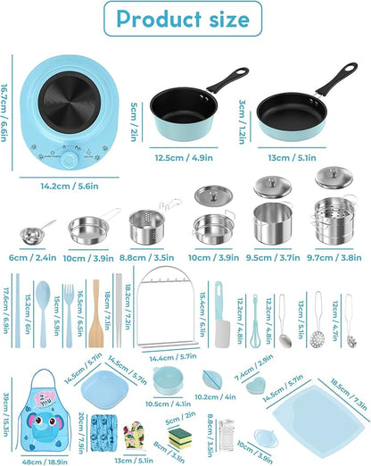 Kids Cooking Set Real for Ages 8-12, Real Mini Kitchen Tools with Stove Burner & Safe Knife, Montessori Cooking Toys for Boys & Girls, Easy Beginner Cooking Gift – Blue
