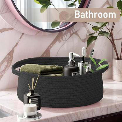 JMvicyroam Woven Basket,Small Rope Storage Bin with Handles & Ribbon Bag, Organizer for Shelves Closets,Gift Basket Empty for Birthday,Books,Dog Toys, Black/2 Pack