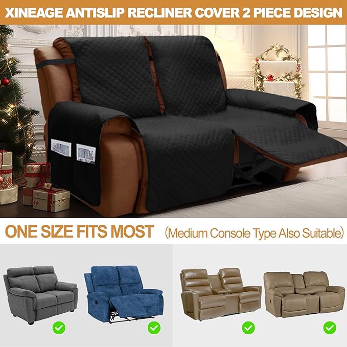 XINEAGE Water Resistant Recliner Cover, 2 seat Recliner Loveseat Covers with Pockets, Quilted Thick Recliner Protector Cover for Dog Pets with Non Slip Backing and Strap (Recliner Loveseat, Black)