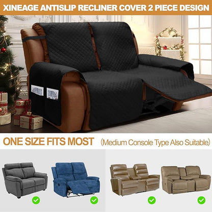 XINEAGE Water Resistant Recliner Cover, 2 seat Recliner Loveseat Covers with Pockets, Quilted Thick Recliner Protector Cover for Dog Pets with Non Slip Backing and Strap (Recliner Loveseat, Black)