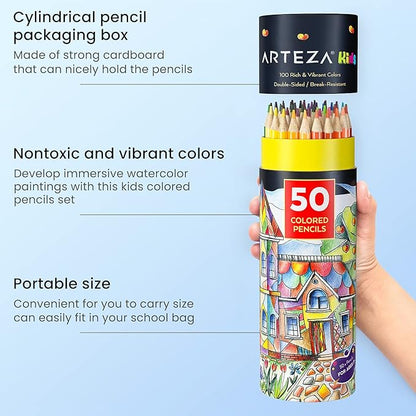 ARTEZA 100 Colored Pencils for Kids, 50 Double-Sided Pre-Sharpened Coloring Pencils for Kids for Drawing and Sketching