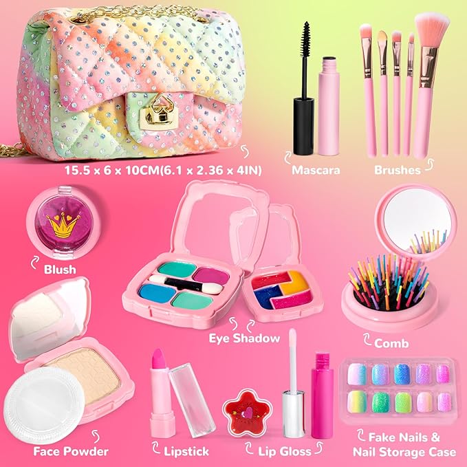 Kids Real Makeup Kit for Little Girls - Real, Non Toxic, Washable Make Up Toy - Toys Gift for 3 4 5 6 7 8 9 10 12 Years Old Girls Birthday
