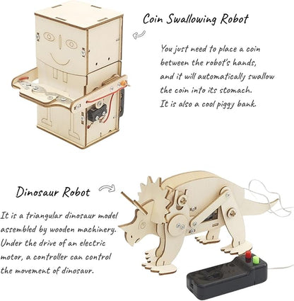 DEUXPER 5 Sets of Robot STEM Toys for Kids, Wood Craft Kit for Boys Age 8-12, DIY Science Building Projects for 6-8, 3D Puzzles Assembly Models, Gift for Children Age 6 7 8 9 10 11 12 14