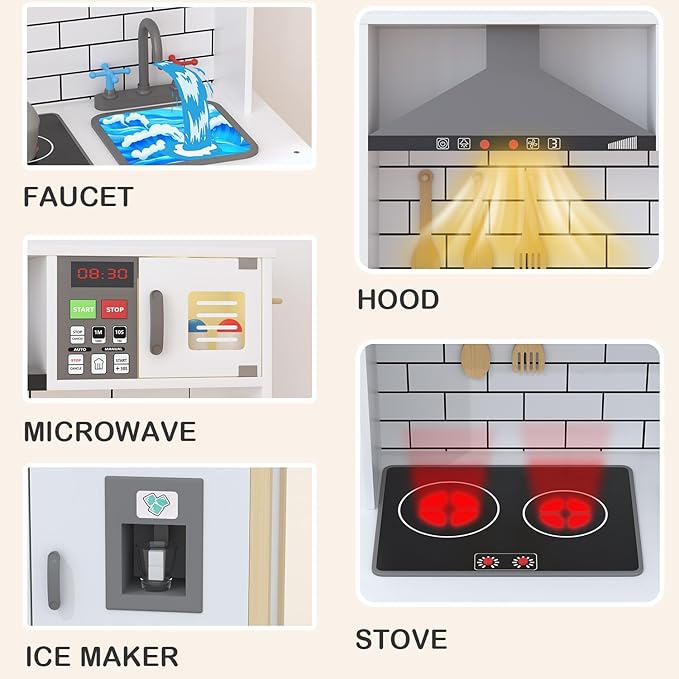 Play Kitchen for Kids, Wooden Kitchen Playset with Fruit Set, Light, Stove, Sink and Accessories, Interactive Toy Kitchen Gift for Boys Girls, White