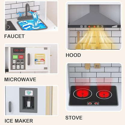 Play Kitchen for Kids, Wooden Kitchen Playset with Fruit Set, Light, Stove, Sink and Accessories, Interactive Toy Kitchen Gift for Boys Girls, White
