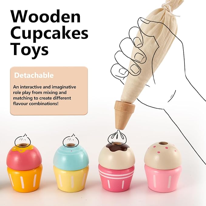 HERSITY Wooden Cupcakes Toys Pretend Play Food Desserts Kids Baking Set, Kitchen Playset for Toddlers 3-5, Tea Party for Little Girls Cooking Games Age 3 4 5 Years Old Girls Boys