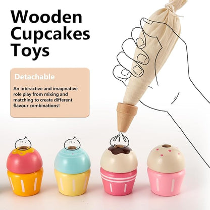 HERSITY Wooden Cupcakes Toys Pretend Play Food Desserts Kids Baking Set, Kitchen Playset for Toddlers 3-5, Tea Party for Little Girls Cooking Games Age 3 4 5 Years Old Girls Boys
