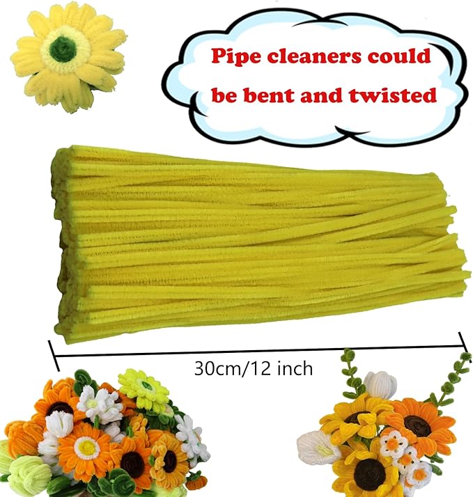 Swpohrat 600 Pcs Thick Craft Pipe Cleaners Bulk 6 Assorted Colors,12 Inch Chenille Stem Pipecleaner Kit for Craft Animals, Flowers Making,Creative DIY Decorations (Sunflower Color)