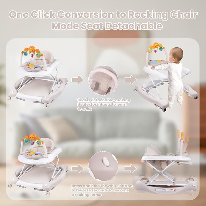Boyro Baby Baby Walker, 5-in-1 Baby Walkers for Boys and Girls 6-12 Months with Bouncer, Removable Footrest, Feeding Tray & Music, Foldable & Adjustable Activity Walker for 6-18 Months Toddler Infant