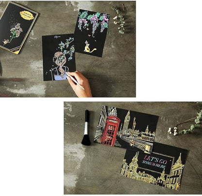 Magic Scratch Art Paper(7.9"x5.5"), Rainbow Landscape Engraving Art Mini Scratchboard Pads for Adults and Kids, Art & Crafts Set: 12 Sheets Scratch Postcard Cards & Drawing Pens, Brush (City Living)