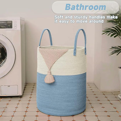JMvicyroam Large Woven Laundry Basket Hamper,80L Cotton Rope Storage Bin for Blankets,Toys and Clothes,Decorative Tall Nursery Hamper for Living Room,Baby Nursery,Bathroom and Bedroom,White and Blue
