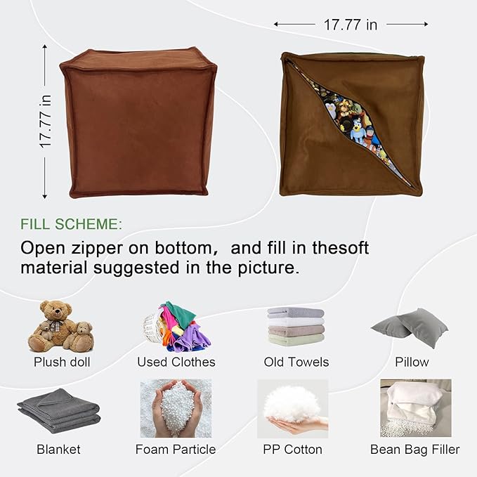 Louis Donné Unstuffed Ottoman Pouf Cover, Soft Handmade Pouf Ottoman Cover Foot Stool, 17.72" Square Small Bean Bag, Ottoman Foot Rest with Storage for Living Rooms Bedrooms, Brown (ONLY Cover)