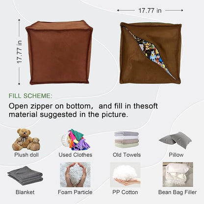 Louis Donné Unstuffed Ottoman Pouf Cover, Soft Handmade Pouf Ottoman Cover Foot Stool, 17.72" Square Small Bean Bag, Ottoman Foot Rest with Storage for Living Rooms Bedrooms, Brown (ONLY Cover)