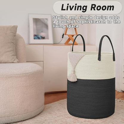 JMvicyroam Large Woven Laundry Basket Hamper,100L Cotton Rope Storage Bin for Blankets,Toys and Clothes,Decorative Tall Nursery Hamper for Living Room,Baby Nursery,Bathroom and Bedroom,White and Black