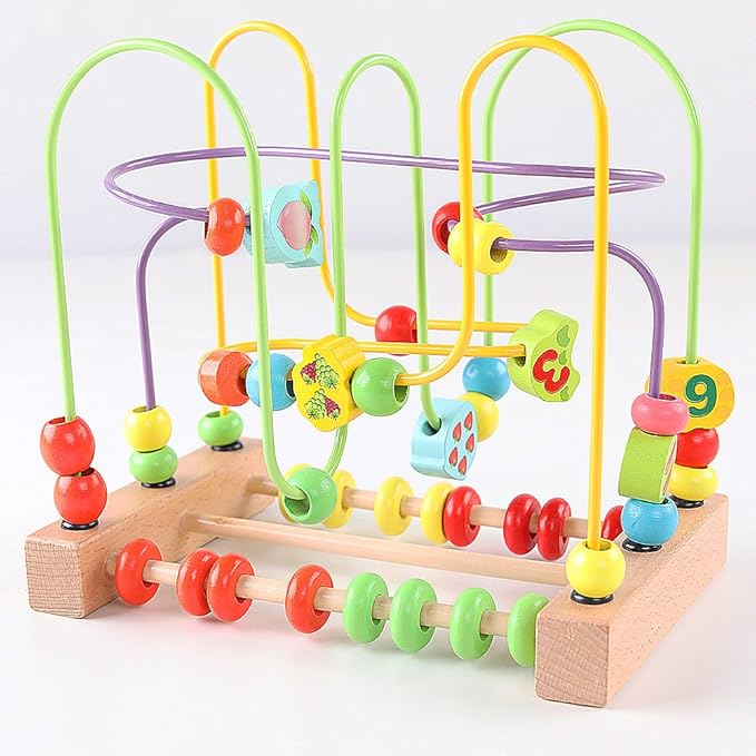 QZMTOY Wooden Toys for Toddlers, Bead Maze Toy for Toddlers with Colorful Animals Fruits Shapes, Educational Counting Learning Circle Toys for Kids, Classic Gifts for Boys Girls Baby