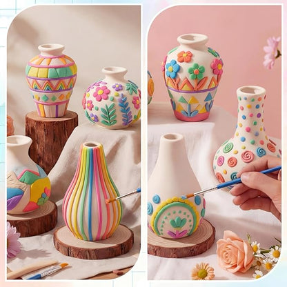 5 Set Paint Your Own Vases Pastel Painting Kit for Art DIY Craft Project Unpainted White Ceramic Vases 12 Paints 12 Color Clay for Spring Home Decor Birthday Party Gift