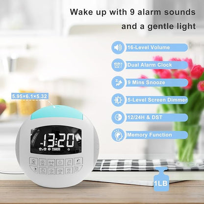 42 Sound White Noise Machine for Kids Adult Baby Sleeping + Bluetooth + Nightlight, Lullaby/Nature Soothing Sounds, 2 Alarm Clock for Bedroom Home, Adjustable Volume, 15-480 Timer, USB & AC Powered…