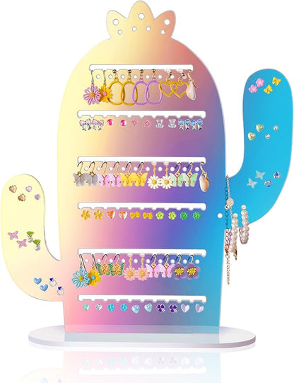 NiHome Cactus Iridescent Acrylic Earring Organizer, 11.2"x12.8", Earring Holder Organizer, Earring Stud Organizer, Plastic Clear Acrylic Earring Rack Holder Organizer for Girl Women