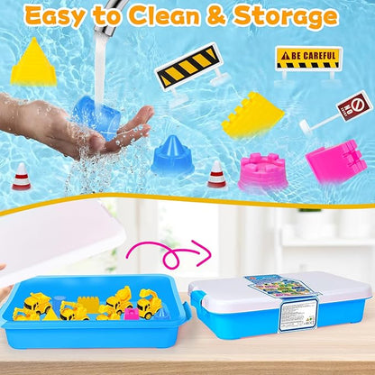 Hymaz Construction Sensory Bin, 33 pcs Construction Toys Sensory Bins for Kids 2-4 5-7, Sandbox with lid Sand Castle Building kit, Kids Play Sand for Sandbox Toys, Sand Kit for Xmas Birthday Gift