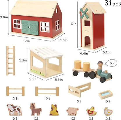 PairPear Wooden Barn Farm Toys with Farm Animals Figures and Tractor, Educational Stacking Learning Toys Gift for Toddler Girls Boys 3+