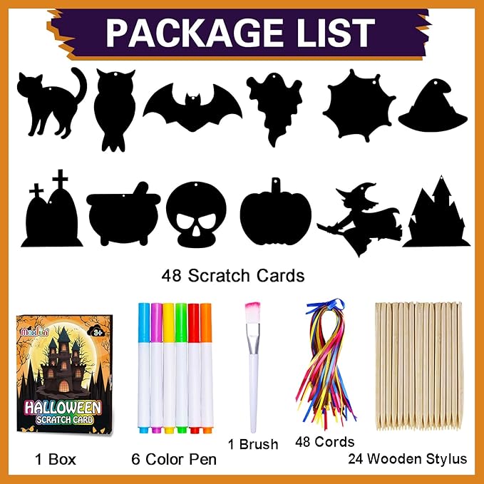 Max Fun Halloween Crafts Scratch Off Art Paper Cards 48Pack, Magic Rainbow Ornaments Hanging Supplies Educational Toys Kit Halloween Party Games Favor