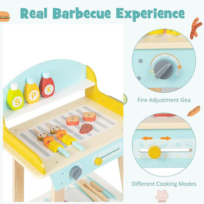 INFANS Kids Grill Playset, Wooden Pretend BBQ Toy Set with 21 Food Accessories, Role Play Kitchen Cooking Set Gift for Toddlers Boys Girls Age 3+