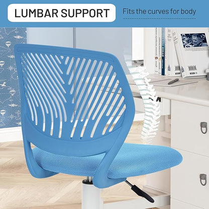 FurnitureR Desk Chair Armless Small, Mesh Comfy Home Office Chair with Plastic Low-Back, Adjustable Swivel Study Chair Computer Task Chair for Student Children Kids with Wheels, Blue