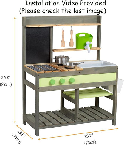 Giant bean Mud Kitchen Playset for Kids, Deluxe Wooden Toy Play Kitchen Set for Boys and Girls Ages 3-8 Indoor & Outdoor Activities, with Sand and Water Sink, Cookware Pots