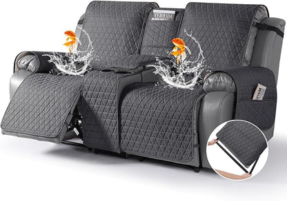 TAOCOCO 100% Waterproof Recliner Cover -Loveseat Recliner Cover with Center Console,Non-Slip Reclining Couch Covers for 2 Seat,with Elastic Straps Pocket for Kids, Dogs(Black Gray, 2 Seater XL)