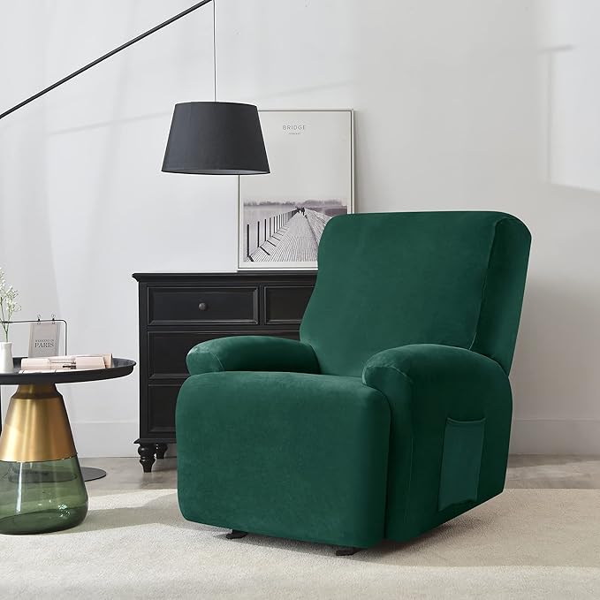 OBCREAT High Stretch Recliner Chair Cover Soft Velvet Recliner Slipcovers 4 Pieces Lazy Boy Recliner Couch Covers Plush Furniture Protector for Kids Pets (Green)