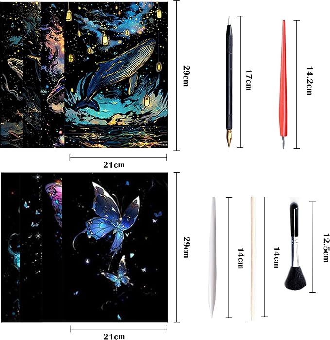 Georgie Porgy Scratch Paper Art Set for Kids Adults Magic Rainbow Painting Boards for DIY Arts and Crafts Kits Christmas Birthday Gift with Scratching Tools Kit (Glow in The Dark Butterfly + Whale)