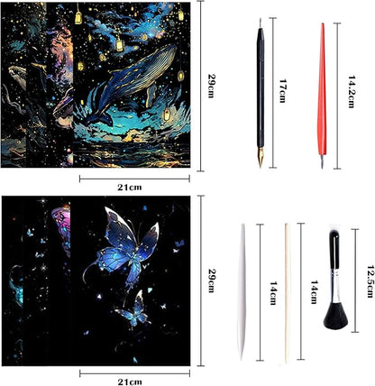 Georgie Porgy Scratch Paper Art Set for Kids Adults Magic Rainbow Painting Boards for DIY Arts and Crafts Kits Christmas Birthday Gift with Scratching Tools Kit (Glow in The Dark Butterfly + Whale)