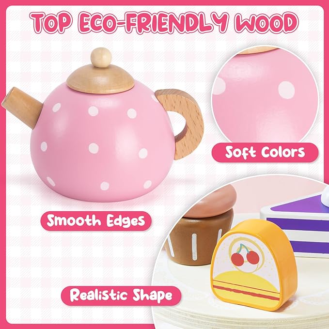 Atoylink Wooden Tea Party Set for Little Girls Toys Kids Play Kitchen Toddler Tea Set with Play Food & Cupcake Stand Pretend Play Wooden Toys for 2 3 4 5 6 Year Old Girl Christmas Birthday Gift, Pink