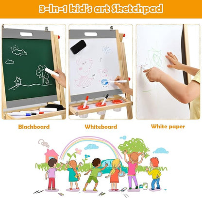 Costzon Art Easel for Kids, 3-in-1 Wooden Folding Toddler Easel Magnetic w/Paper Roll & Storage Tray, Height Adjustable Double Sided Whiteboard Chalkboard Kids Art Easel Boys Girls Painting (Nature)