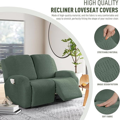KinCam Recliner Covers, Stretch Reclining Chair Covers, Recliner Sofa Slipcovers Stripe Jacquard Recliner Couch Covers Furniture Protector Covers for Pet Kid (2 Seater, Greyish Green)