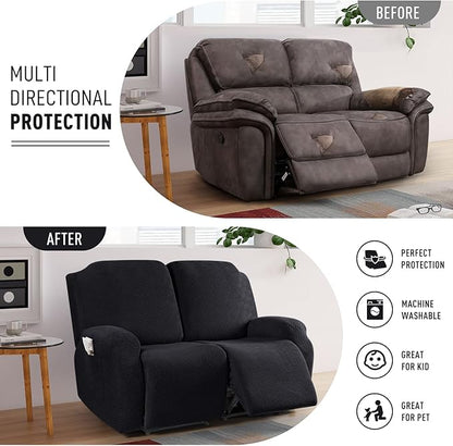 KinCam Recliner Covers, Stretch Reclining Chair Covers, Recliner Sofa Slipcovers Stripe Jacquard Recliner Couch Covers Furniture Protector Covers for Pet Kid (2 Seater, Black)