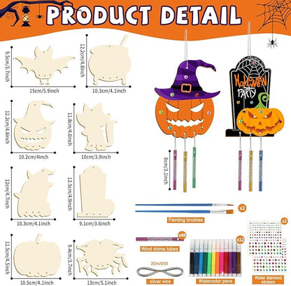 gisgfim 16 Pack Halloween Wind Chime Kits Crafts for Kids Make Your Own Ghost Wind Chime Wooden DIY Arts and Crafts for Halloween Party School Classroom Decoration Supplies Birthday Favors