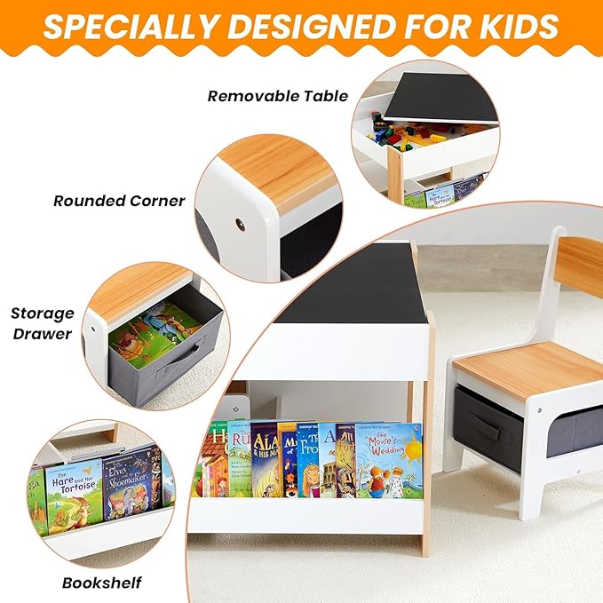 Asweets Kids Table and Chair Set,4 in 1 Toddler Desk with Storage Drawer,Wooden Activity Table for 2 in 1 Detachable Tabletop,Bookshelve,Suitable for Classroom,Home, Nursery, Playroom (Pure White)