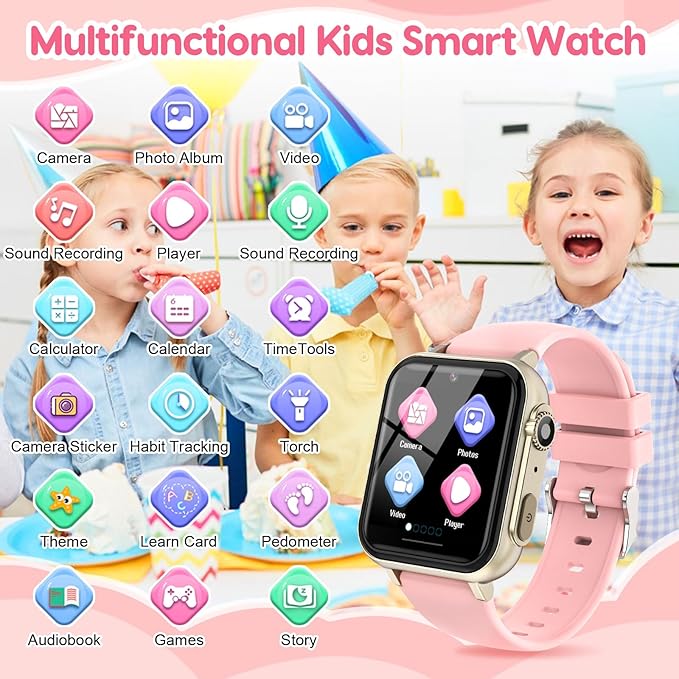 cjc Smart Watch for Kids Gift for Girls Ages 4-12 - Includes Screen Protector, 30+ Games, 140 Learning Cards, HD Touch Screen, Camera, Music, Pedometer - Fun & Educational Birthday Gift Idea (Pink)