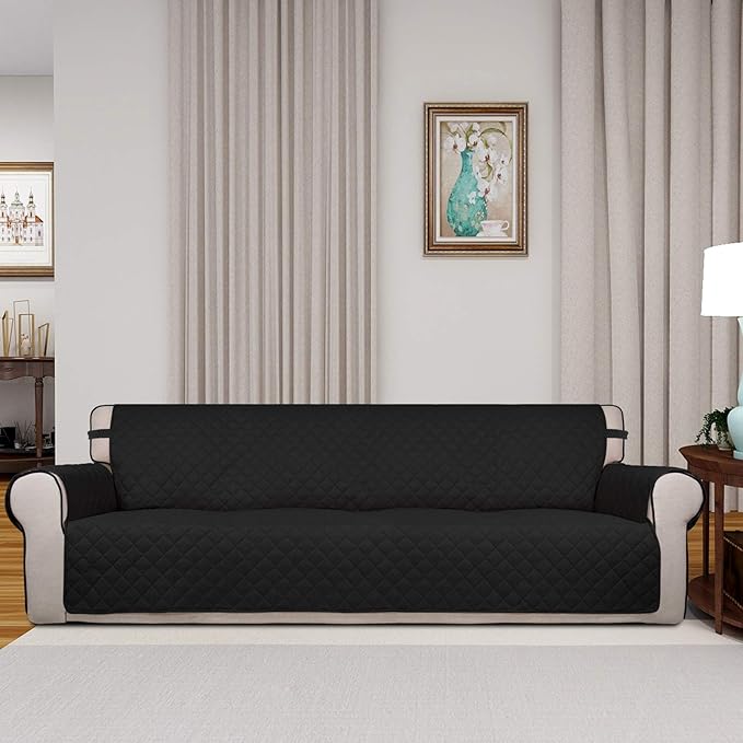 PureFit Reversible Quilted Sofa Cover, Water Resistant Slipcover Furniture Protector, Washable Couch Cover with Non Slip and Elastic Straps for Kids, Dogs, Pets (XX Large, Black/Beige)