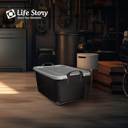 Life Story 24 Pack Heavy Duty Stackable Storage Bin, 55 Quart Home Organizer, Versatile Lightweight Locking Bins with Carrying Handles, Black/Gray