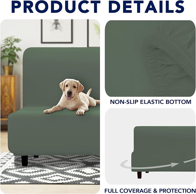 PureFit 100% Dual Waterproof Futon Cover, Waterproof Couch Cover for Futon - Stretch Non Slip Fleece Sofa Covers Washable, Leakproof Furniture Protector for Kids, Pets, Dog (Futon, Grayish Green)