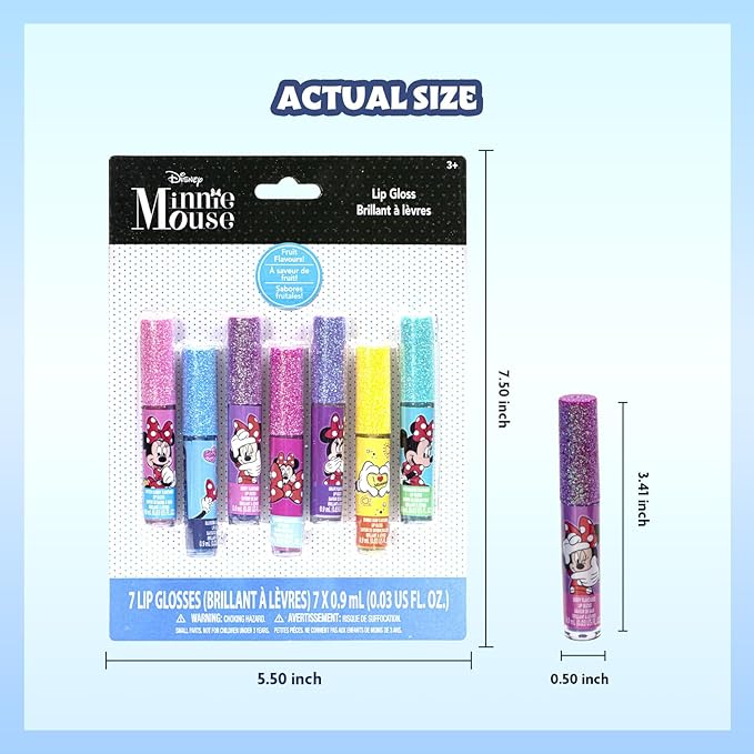 Disney Minnie Mouse 7 Piece Plant Based Lip Gloss, Girls Party Favors, First Makeup Set for Girl, Perfect for Parties, Sleepovers, and Birthday Gifts, Ages 3+, by Townley Girl
