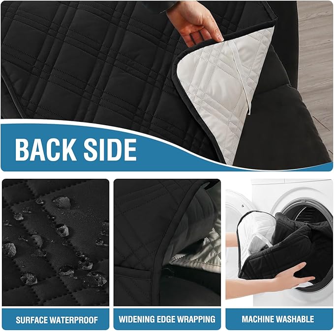 H.VERSAILTEX 100% Waterproof Couch Covers for Reclining Couches Reversible Recliner Chair Covers Furniture Protector with Elastic Straps for Pets Kids Sitting Width Up to 23" (Recliner, Black/Beige)