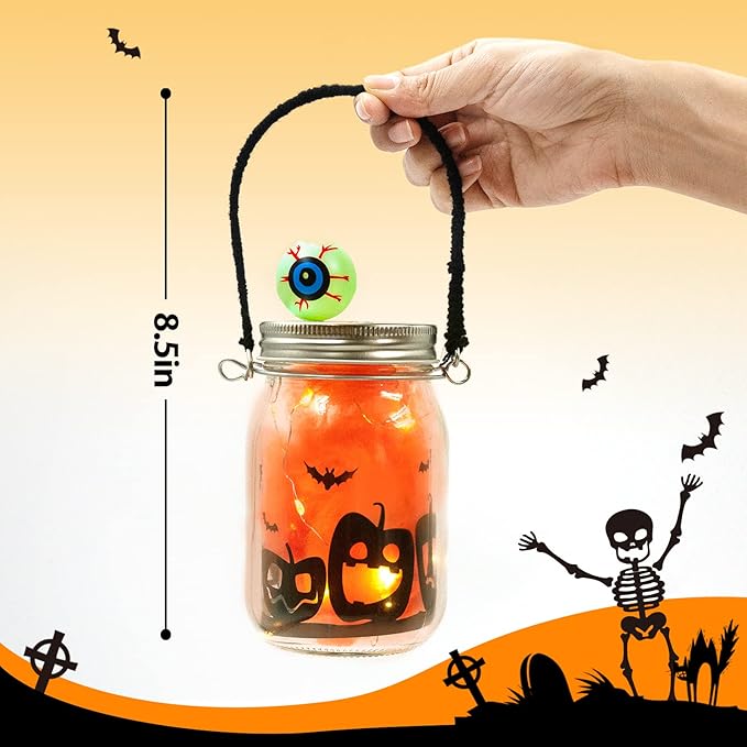 Shemira Halloween Craft Kit for Kids, 4 pcs Glass Mason Jar with Accessories for DIY Lantern Jar, Halloween Art & Craft Party Supplies, Halloween Art Activities,Halloween Craft and Art Party Supplies