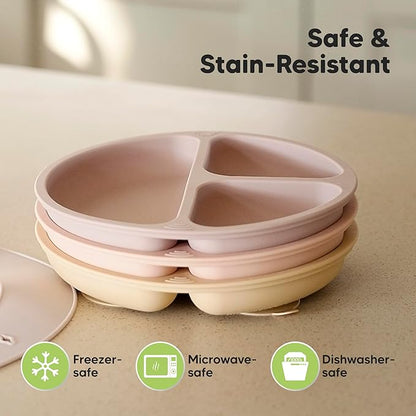 KeaBabies Suction Plates for Baby, Toddler - 3-Pack 100% Silicone Toddler Plates, Divided Baby Plates with Suction, Silicone Plates for Baby, Kids, BPA-Free, Microwave, Dishwasher Safe (Dusk)