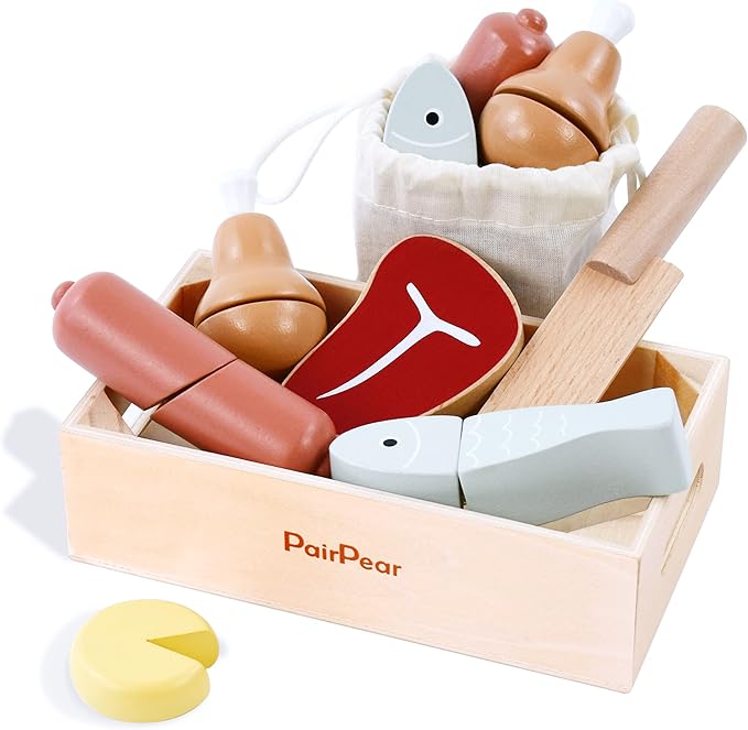PairPear Wooden Play Food Cutting Meat Set - Wooden Toys for Toddlers Toy Food Play Kitchen Accessories