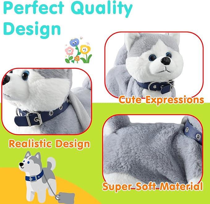 HCdoujoy Husky Walking Dog Barking Toy, Musical Singing Dancing Volume Control Interactive Puppy Walk Along with Leash, Wagging Tail Shaking Head, Robot Plush Stuffed Animal Puppy for Kid
