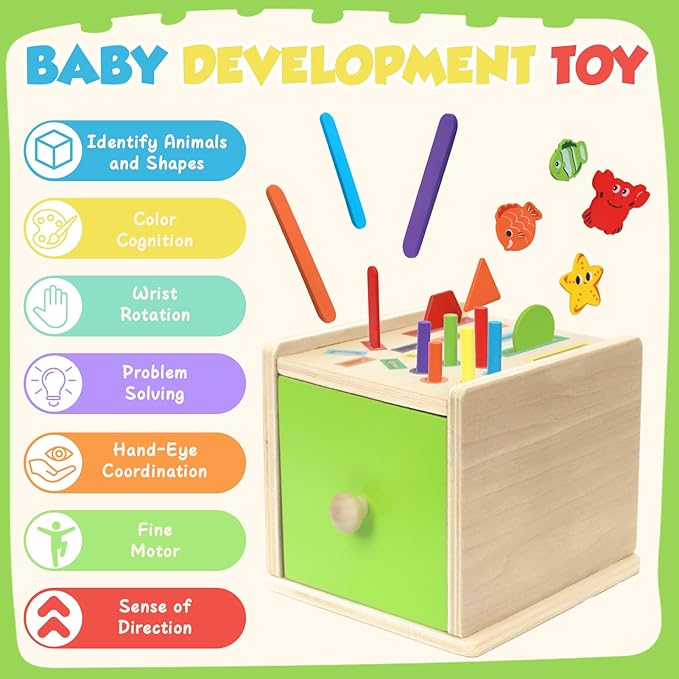 Montessori Wooden Toddler Toys for 1 Year Old, Fine Motor Skills Toys for 1-3 Year Old, 12-18 Month Baby Educational Color Shape Sorting & Animal Cognition Toy with Drawer, Birthday Gift for Girl Boy